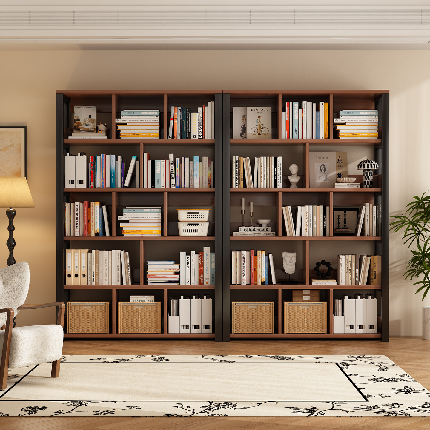 钢木书架落地置物架客厅一体靠墙书柜多层收纳架家用铁艺格子书架