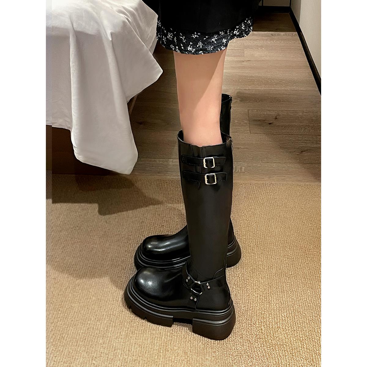 加绒靴子女长筒靴厚底小个子2024秋季新款复古不过膝骑士靴高筒靴
