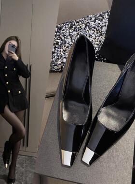 朴彩英rose同款黑色漆皮高跟鞋2024年秋冬新款金属方头细跟单鞋女