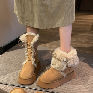时尚雪地靴女款2024秋夏季新款靴子流行毛毛加厚底保暖棉鞋