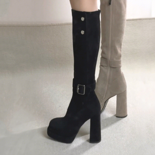 绒面复古高跟长筒靴女2025新款秋冬百搭小个子增高粗跟裤管骑士靴