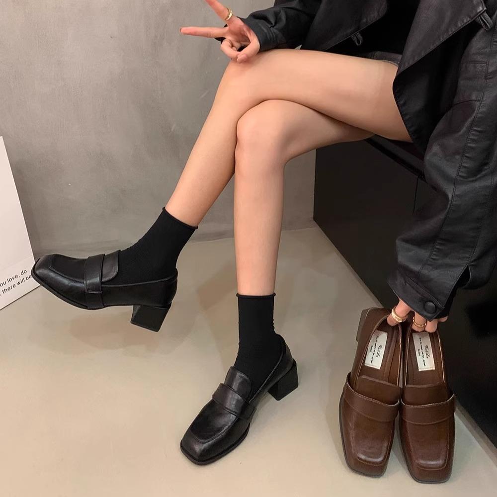 英伦复古风单鞋小皮鞋粗跟方头乐福鞋春秋新款一脚蹬女鞋黑色鞋子