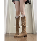 牛皮版 真皮小个子内增高8cm长筒靴女褶皱堆堆靴骑士靴西部牛仔靴