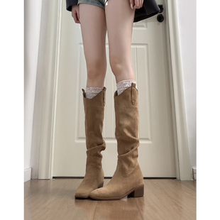 牛皮版 真皮小个子内增高8cm长筒靴女褶皱堆堆靴骑士靴西部牛仔靴