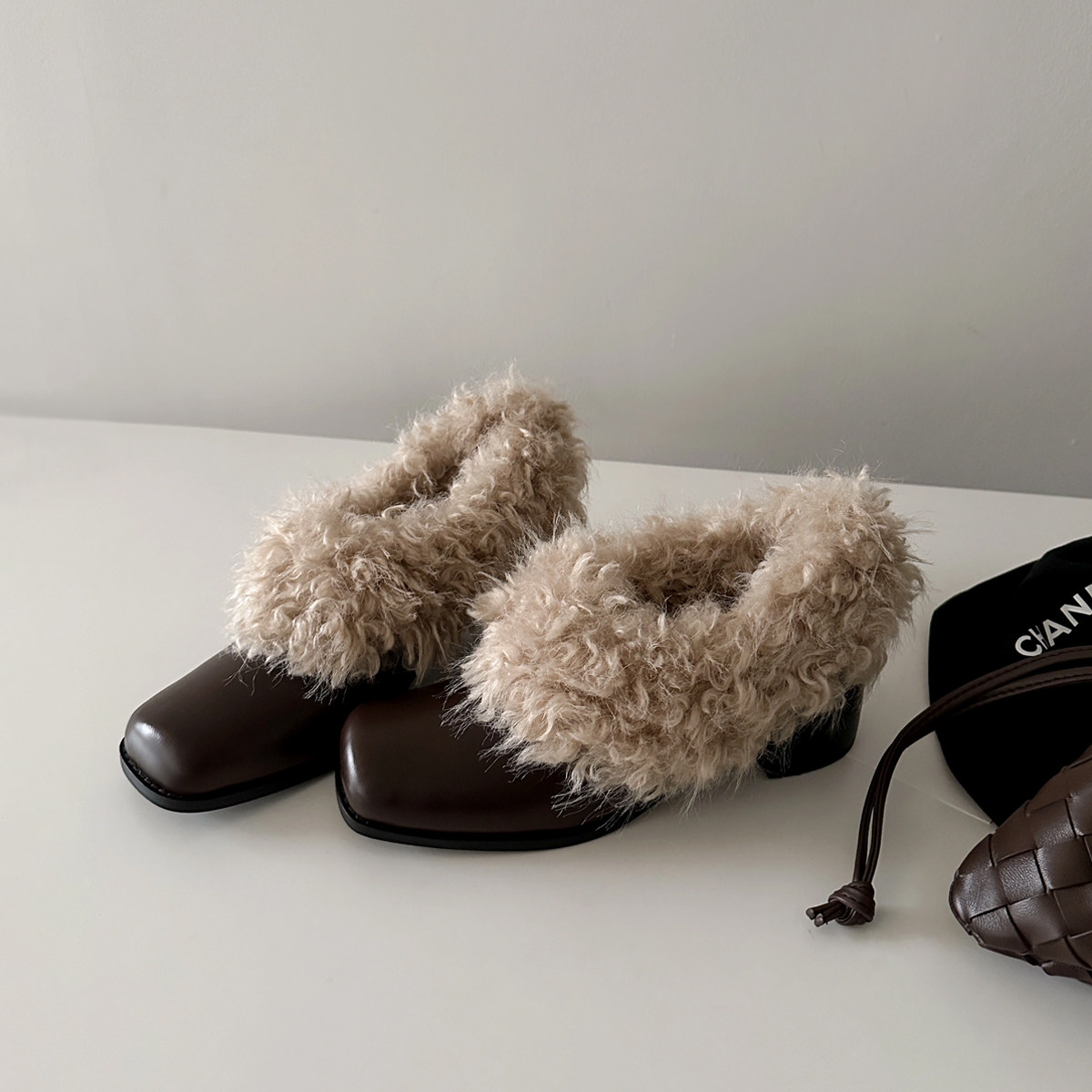 牛皮版~方头毛毛鞋一脚蹬复古加绒保暖玛丽珍小皮鞋棉鞋粗跟单鞋,女鞋,浅口单鞋,淘宝优惠券,粉丝福利购,淘宝优惠卷