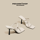 佩丹妮法式 女 女夏百搭方头凉拖鞋 白色高跟鞋 女细跟仙女一字带凉鞋