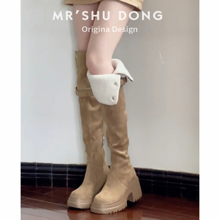 羊羔毛过膝长筒靴雪地靴子女秋冬款小个子厚底增高保暖加绒骑士靴