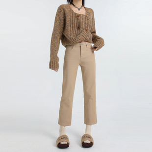 2026春夏款卡其色弹力烟管裤牛仔裤女高腰百搭显瘦直筒窄版法棍裤