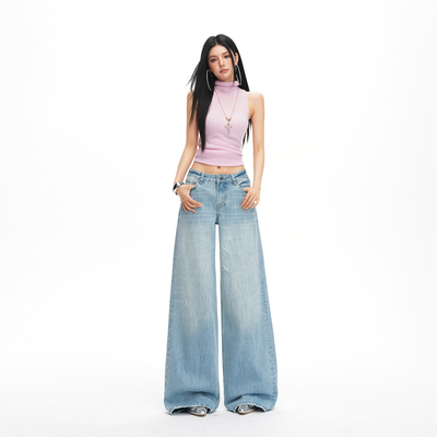 2026新款低腰辣妹浅蓝阔腿牛仔裤女美式做旧水洗宽松垂感拖地长裤
