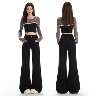 2025秋冬新款黑色肌理感微喇叭牛仔裤女显瘦宽松提臀小个子九分裤