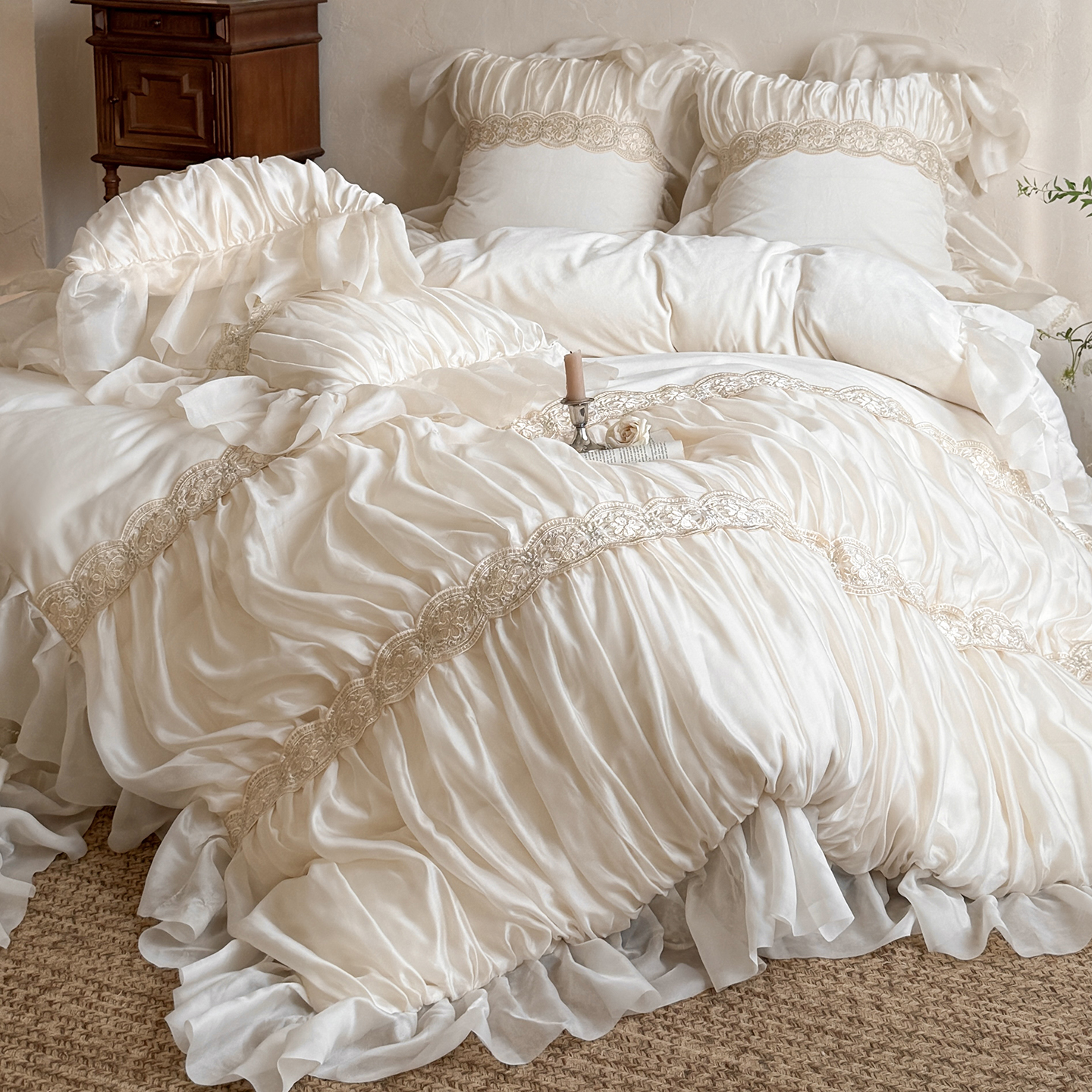 法式蕾丝边双面加厚牛奶绒四件套