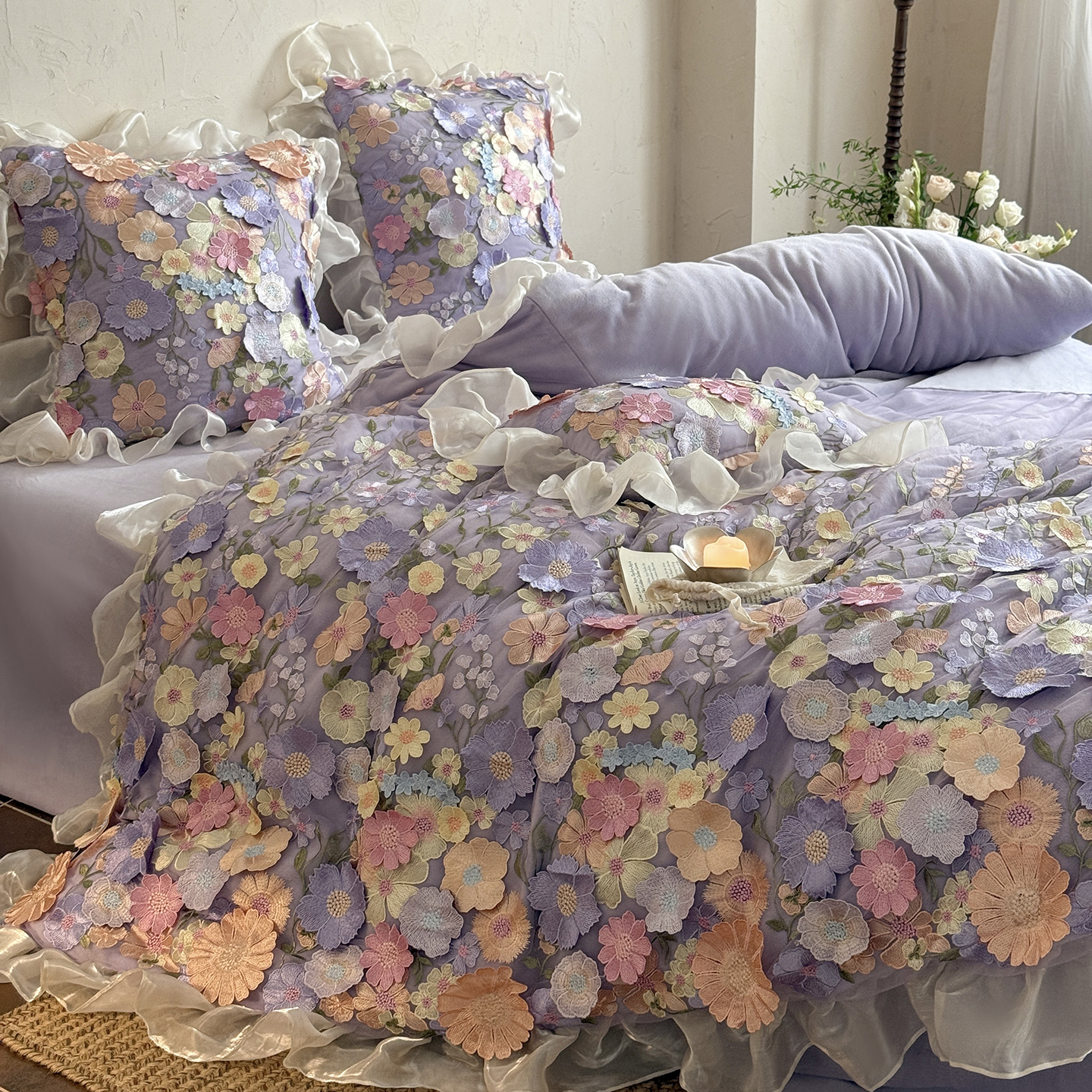 法式荷叶边冬季加厚牛奶绒四件套