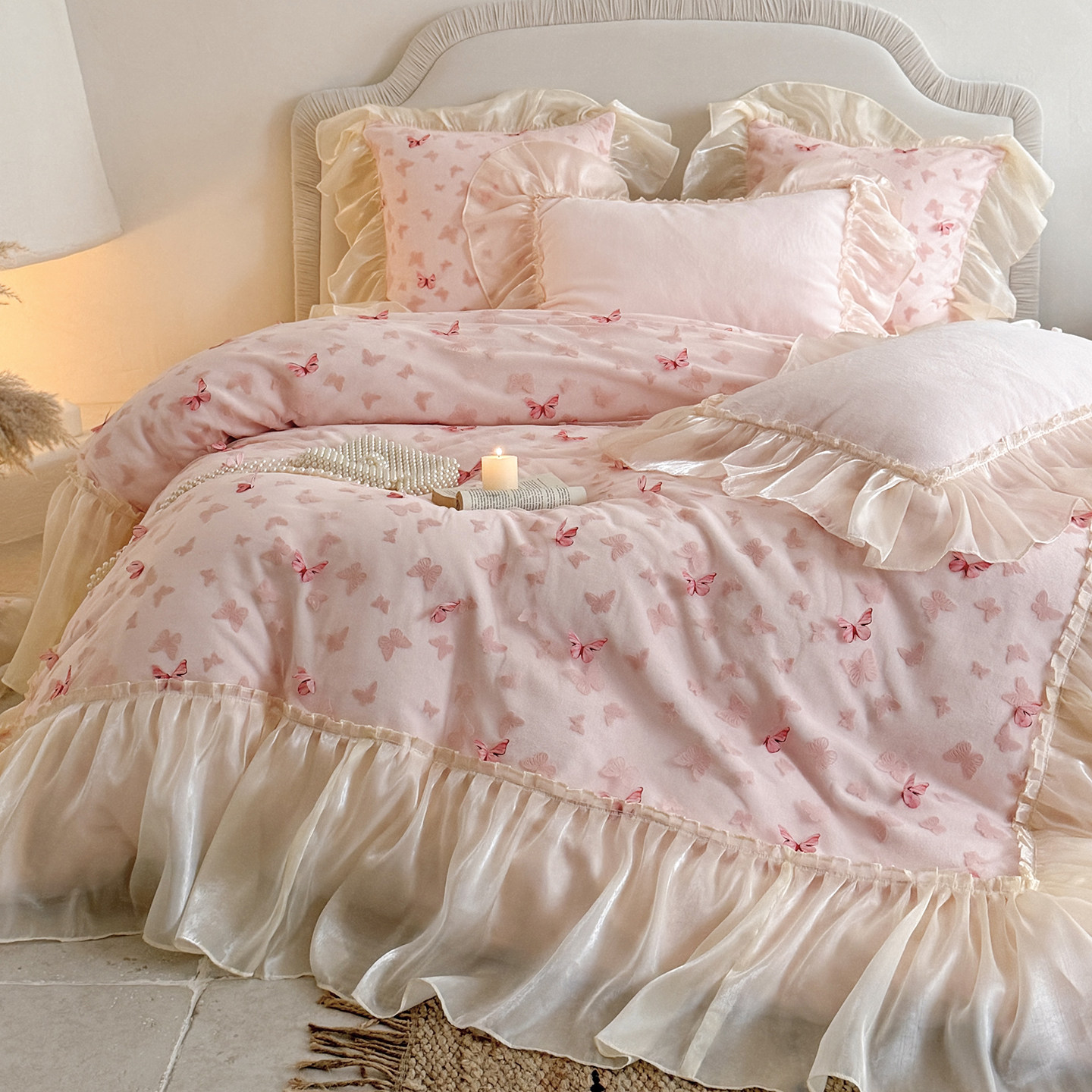 法式浪漫长绒棉纯棉床上四件套少女心立体蝴蝶被套床盖款全棉床品