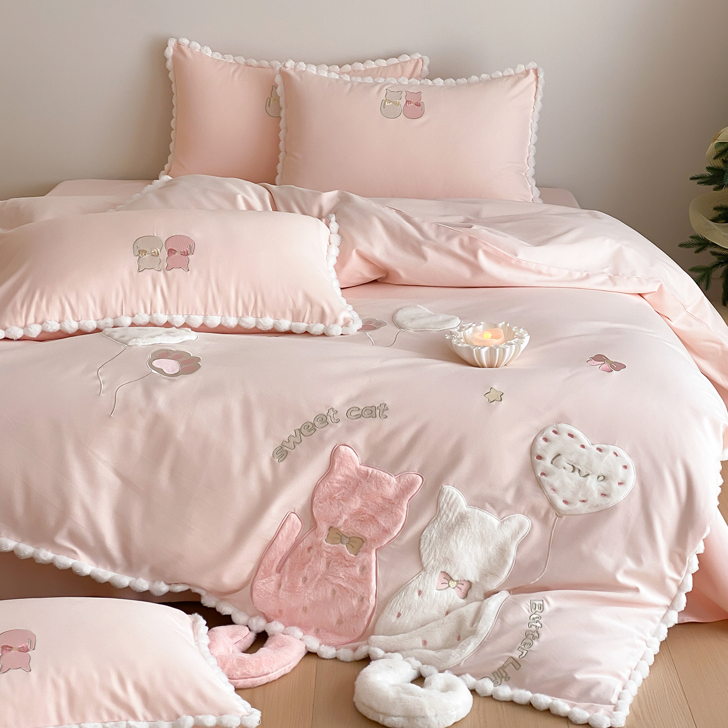 公主风秋冬加厚全棉磨毛四件套纯棉女孩被套三件套卡通猫咪床用品