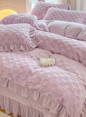 加厚秋冬公主风牛奶绒四件套双面法兰绒被套罩兔兔绒床盖夹棉床品