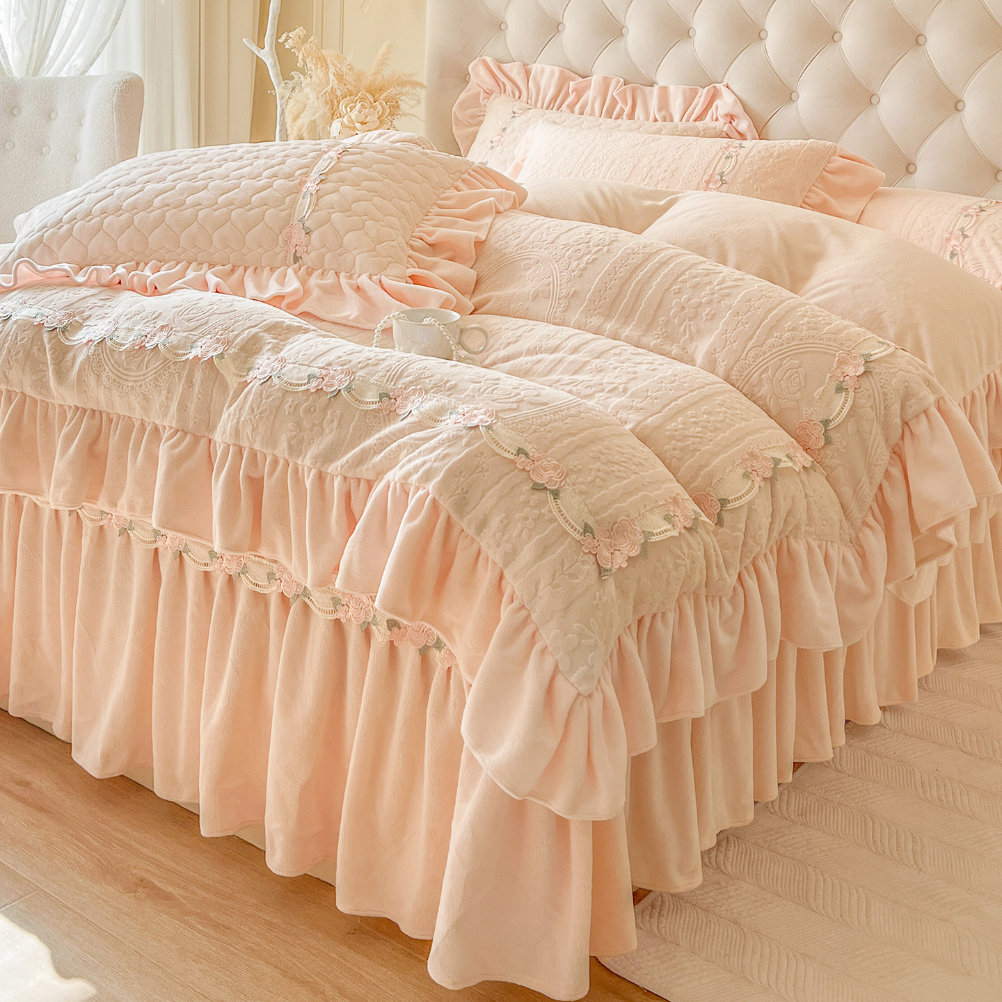 法式少女心牛奶绒床上四件套加厚保暖珊瑚绒荷叶花边毛绒被套床盖,床上用品,床品套件/四件套/多件套,淘宝优惠券,粉丝福利购,淘宝优惠卷