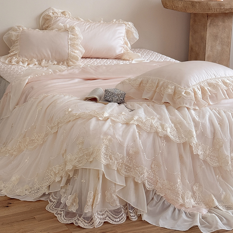 法式天丝夏凉被四件套床盖公主风冰丝裸睡空调被少女可机洗薄被子