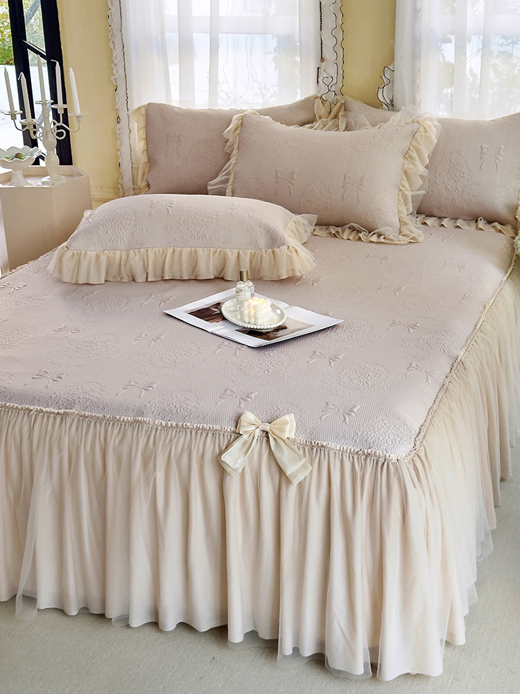 夏季裸睡冰豆垫床裙三件套公主风格蕾丝纯色冷空调软垫