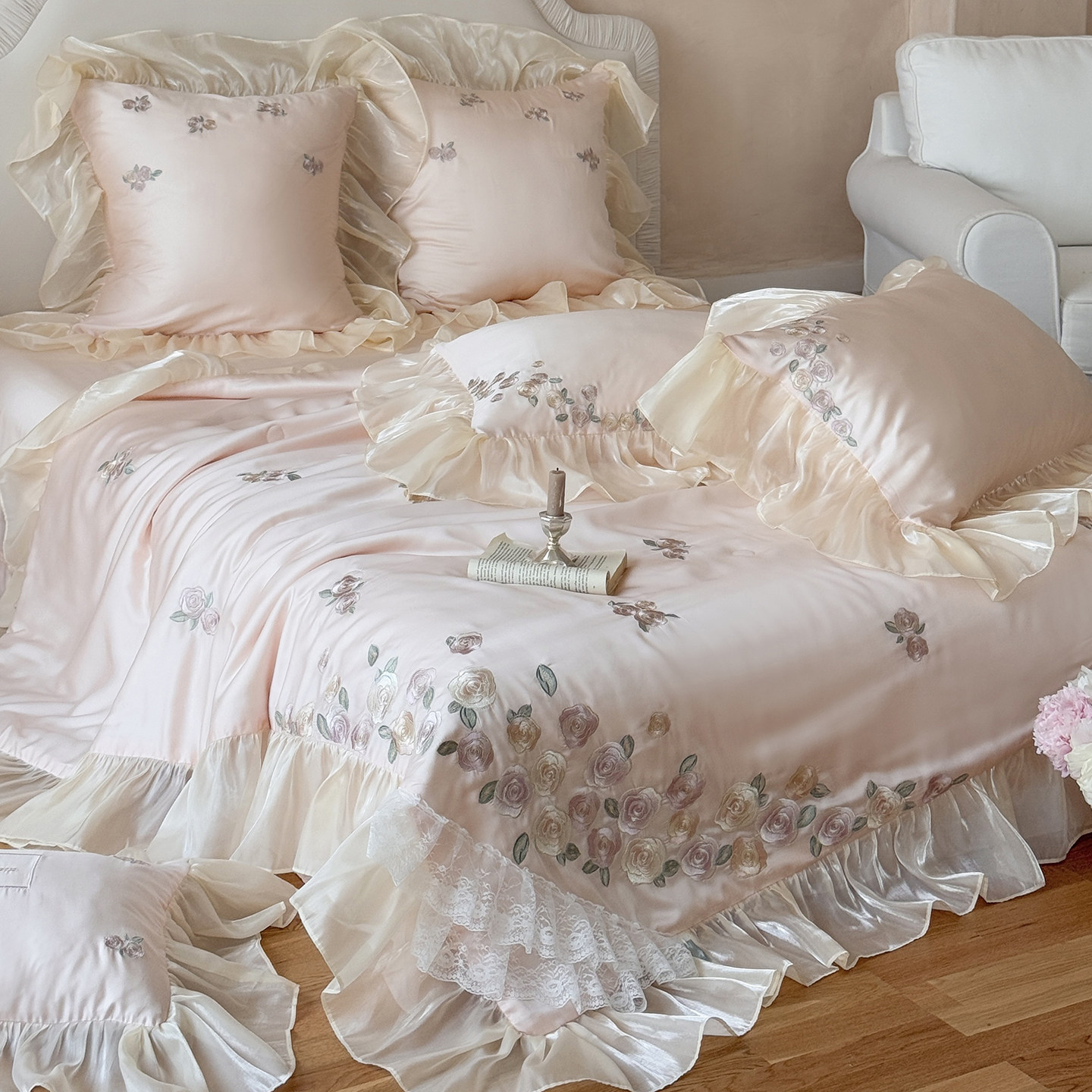 法式天丝夏凉被四件套刺绣玫瑰公主蕾丝边凉感裸睡薄空调被子粉色,床上用品,化纤被,淘宝优惠券,粉丝福利购,淘宝优惠卷