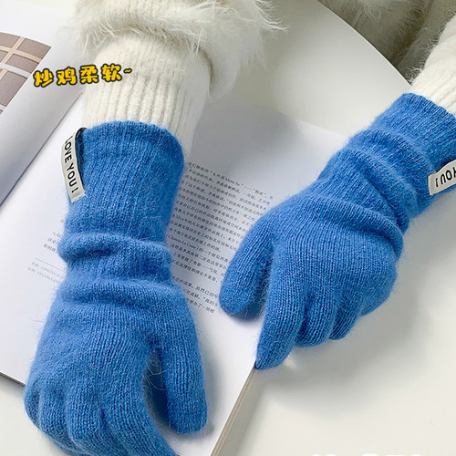 多巴胺露指手套女触屏保暖防寒长款冬天纯色时尚百搭针织骑车五指