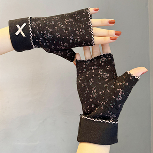 半指手套女秋冬季 写字漏五指头保暖半截手套 天露指春秋小碎花薄款