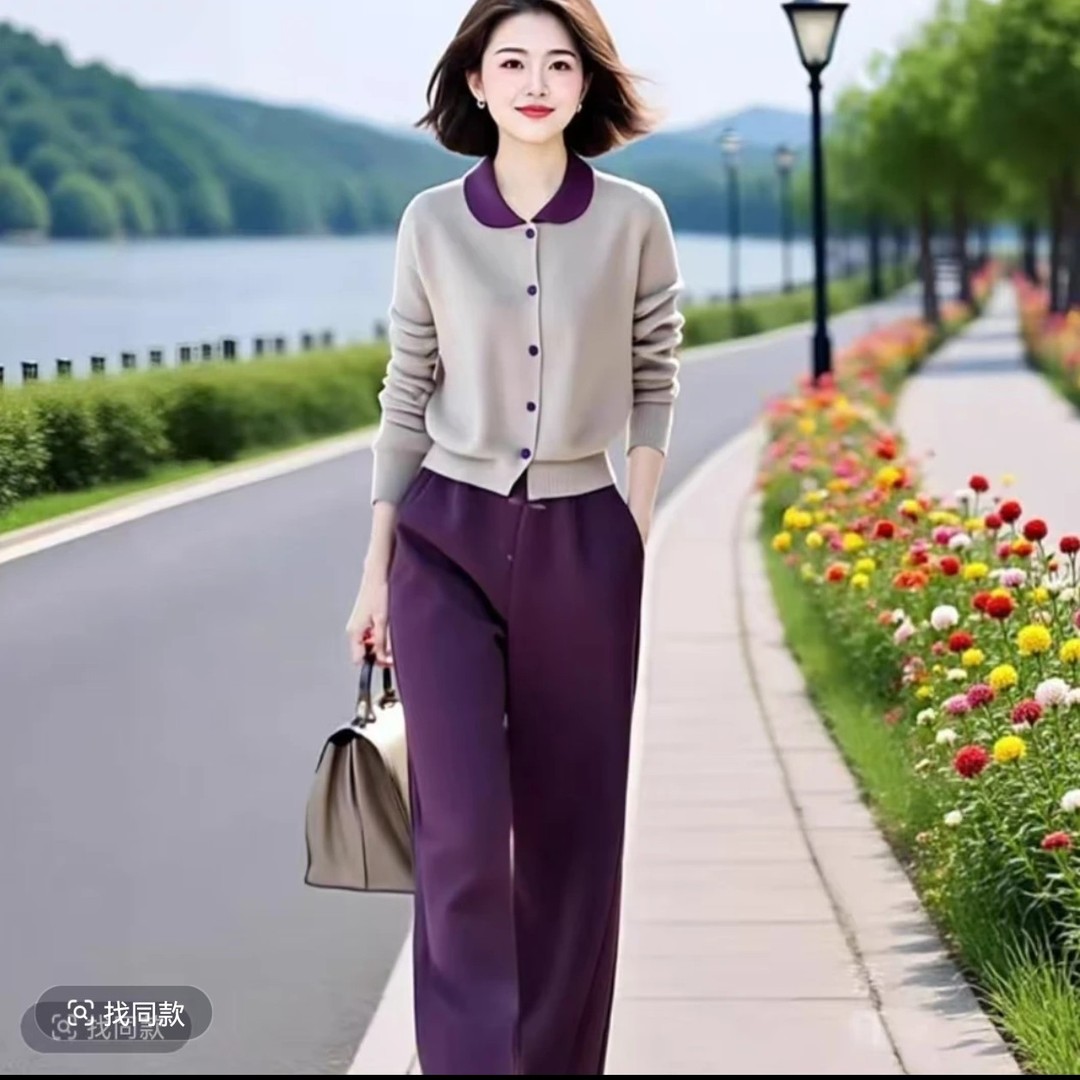 2025秋季新款设计感女装高级撞色翻领卫衣套装气质裤子两件套