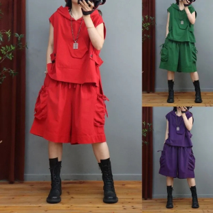 宽松大码 连帽马甲夏季 个性 时尚 女 潮流工装 休闲两件套装 五分阔腿裤