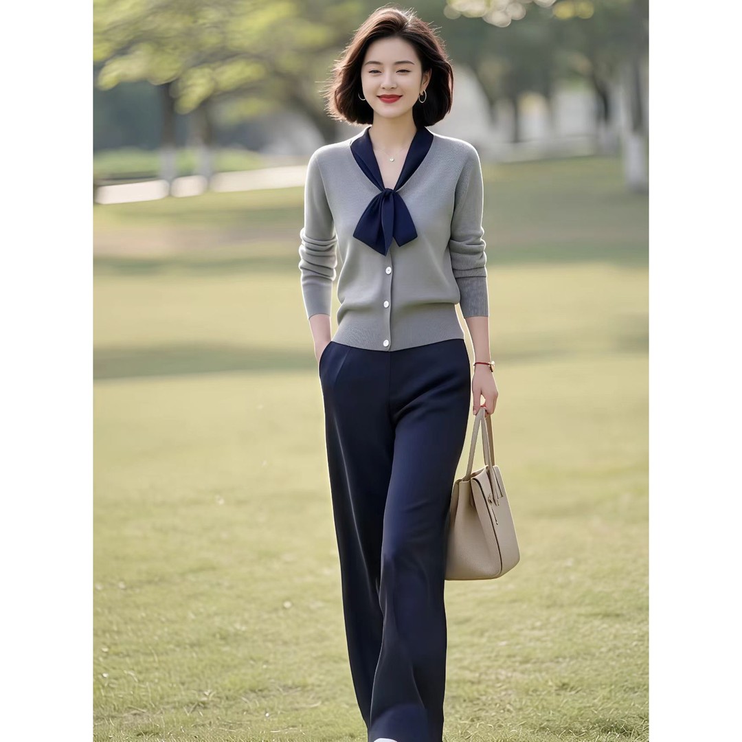 韩版高级通勤设计感春秋新款拼接系带针织上衣直筒阔腿裤两件套装