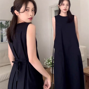 本風黑色無袖 2025新款 茶歇法式 氣質寬松長裙 背心連衣裙子女夏季