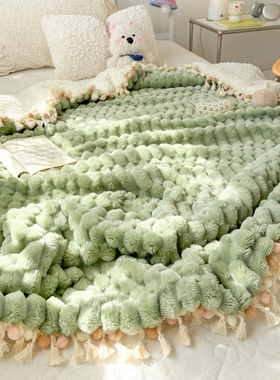 2025新款双层奶芙绒流苏球花边毛毯亲肤保暖加厚冬季被子盖毯