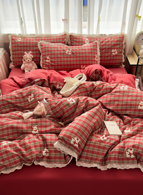 新款少女心法式卡通刺绣蕾丝边全棉磨毛蕾丝花边冬季保暖四件套