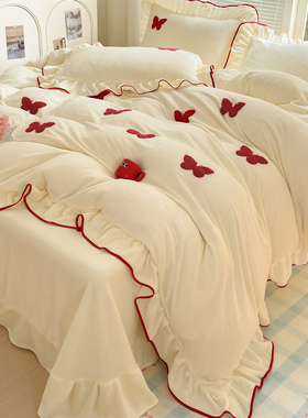 冬季新款公主风高克重牛奶绒毛巾绣系列四件套-蝶韵