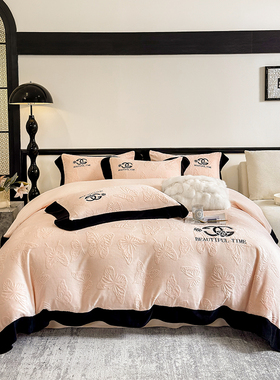 新款冬季保暖轻奢风雕花绒牛奶绒绣花蝴蝶刺绣亲肤舒适四件套