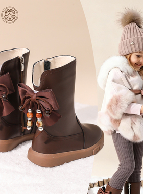 蝴蝶结高筒女童加绒皮靴2025冬新款保暖平底中大童高筒靴白色棉靴
