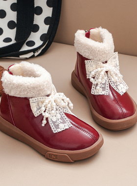 蝴蝶结真皮女童公主靴加绒保暖儿童短靴2025新款短筒加厚女童皮靴
