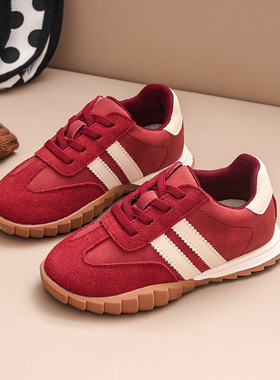 红色女童休闲单鞋德训鞋软底秋新款一脚蹬套脚儿童板鞋运动鞋透气