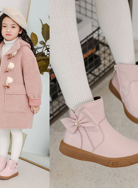 蝴蝶结女童短靴真皮加绒公主鞋2025冬新款短筒儿童棉靴中大童皮靴