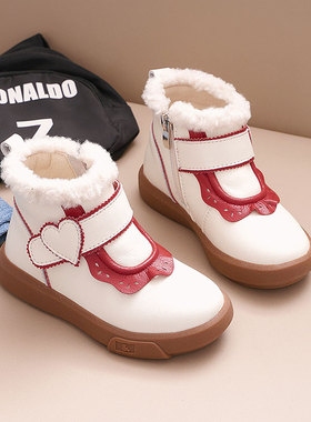 国风加绒真皮女童公主靴儿童皮靴2025冬新款二棉小童红色儿童短靴