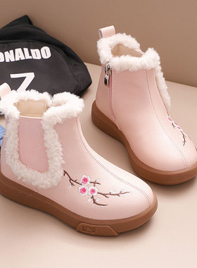 花朵刺绣加绒女童公主靴真皮儿童棉靴国风2025冬新款加厚短筒皮靴