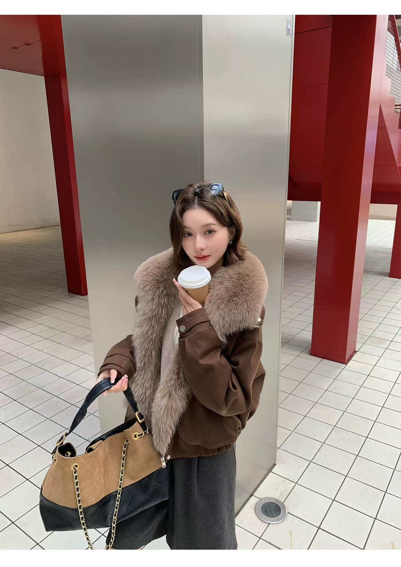 肯姿韩系大毛领咖色短款派克服狐皮草