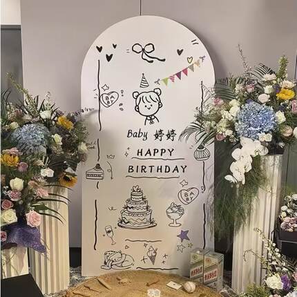 ins风周岁生日布置场景装饰背景墙宝宝派对kt板男女孩生日高级感