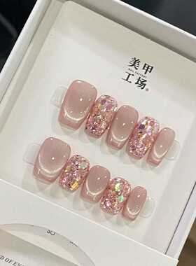 【蜜桃女孩】秋冬新款纯手工穿戴甲高级感短款气质秋冬猫眼美甲