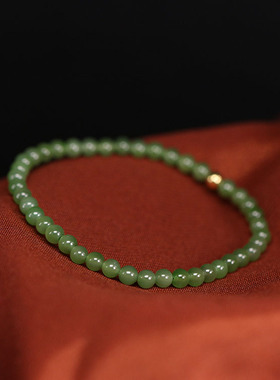 天然冰底阳绿无黑点碧玉小米珠碧玉手链搭配18K金圆珠女士手链