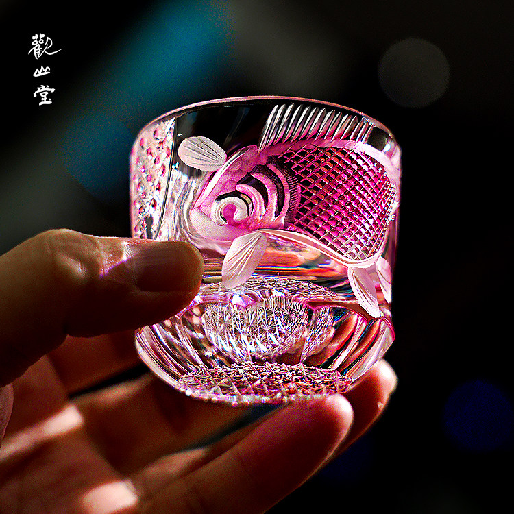 收藏级！江户切子纯手工雕刻金红水晶烈酒杯子个性红金鱼艺术酒杯