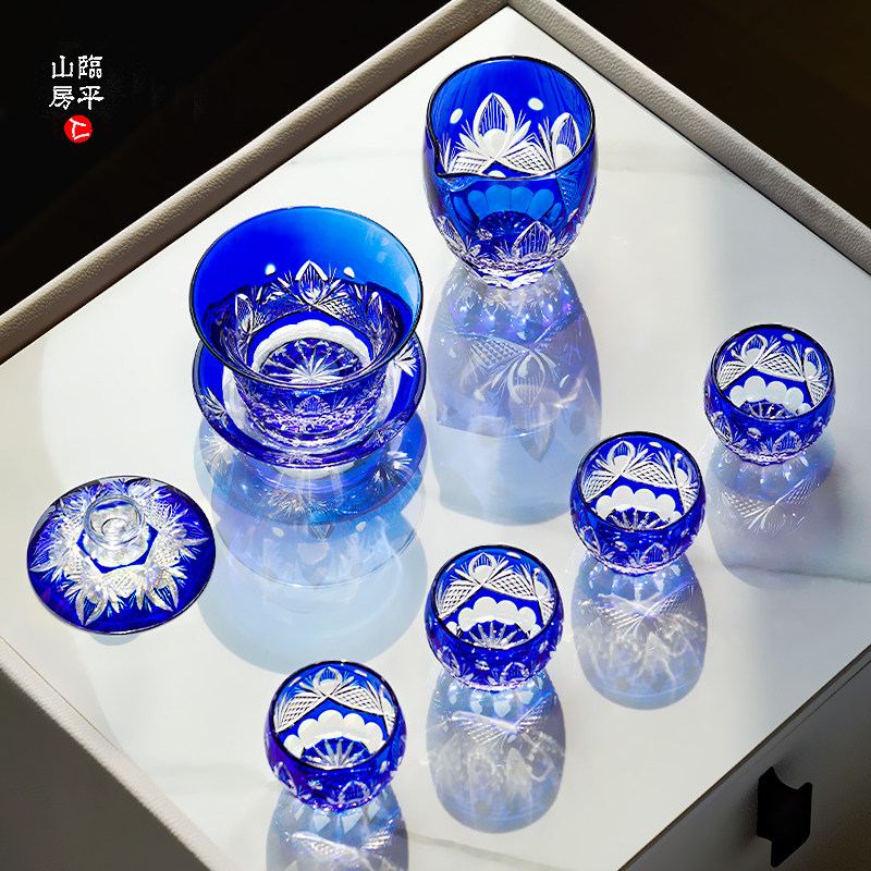 观山堂江户切子手工刻花功夫茶具琥珀色轻奢水晶玻璃茶杯礼盒套装