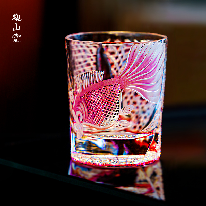 江户切子金红水晶手工刻花金鱼杯