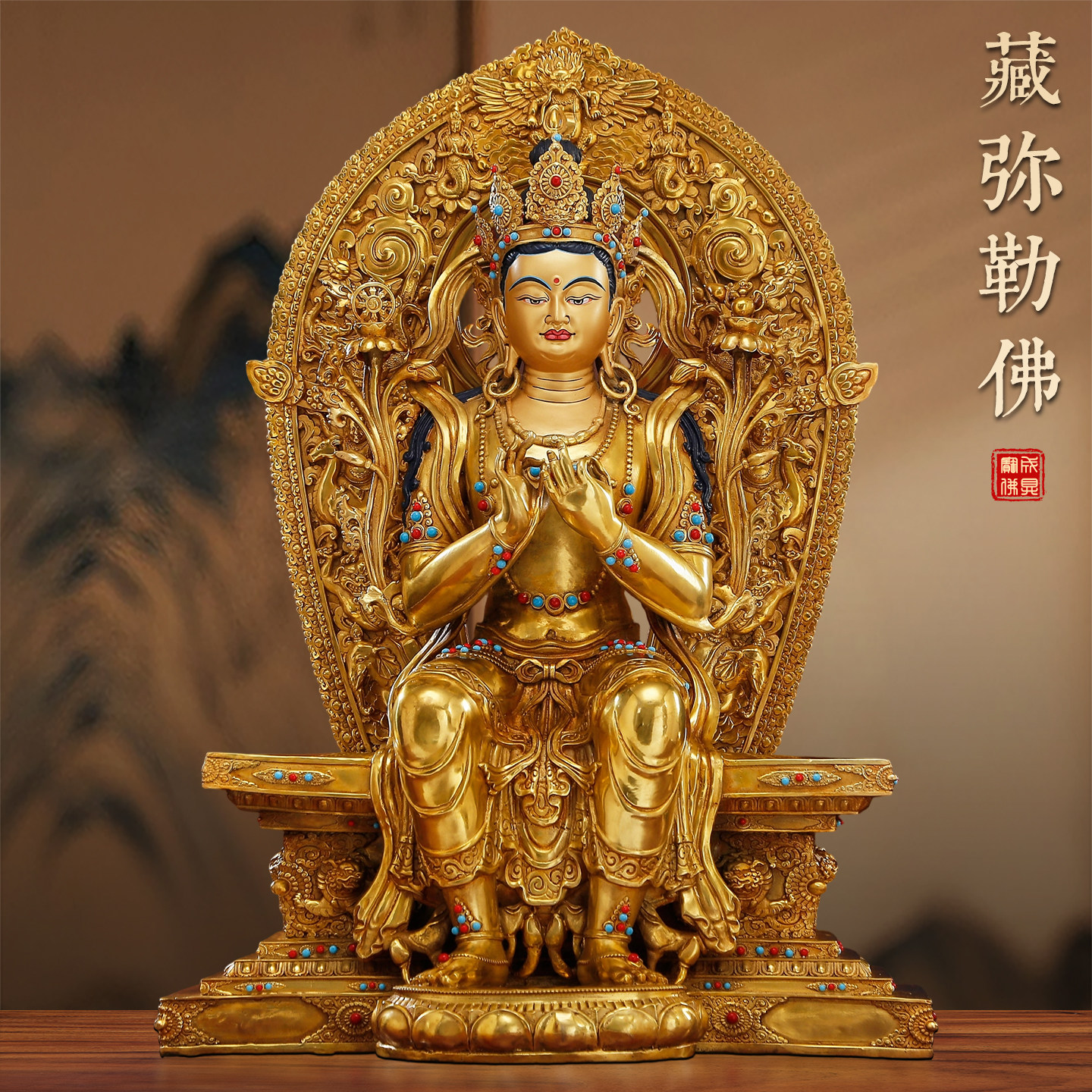 精品黄铜鎏金藏传弥勒佛铜像佛堂供奉天冠弥勒佛像密宗强巴佛摆件