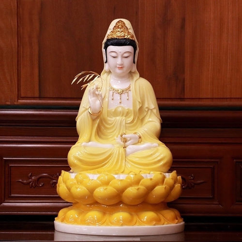 汉白玉黄釉圆满观音佛像家用供奉娑婆三圣观音菩萨坐像客厅摆件 - 封面
