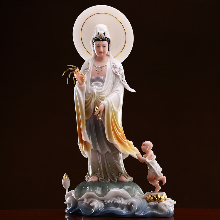 汉白玉童子拜观音佛像家用供奉南海水浪观音菩萨站像玄关中式摆件