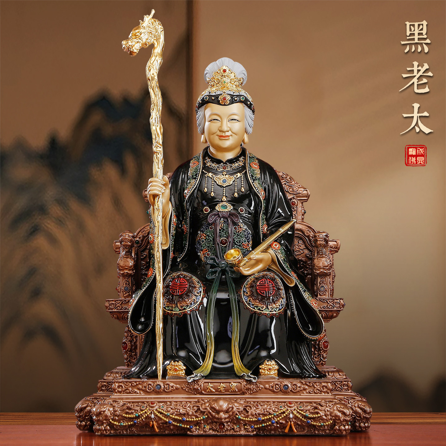 纯铜彩绘黑老太太神像家用供奉东北铁刹山黑妈妈贴金铜像堂口摆件